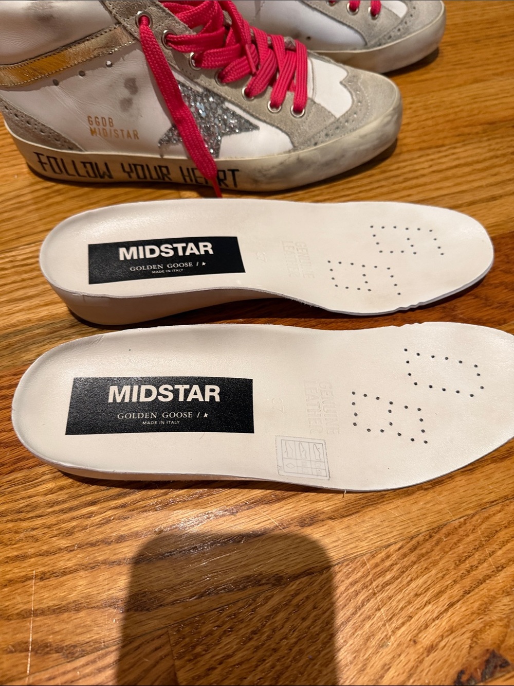 Golden Goose White High-Top Sneakers with Hot Pink Laces and Silver Glitter Star - Picture 7 of 11